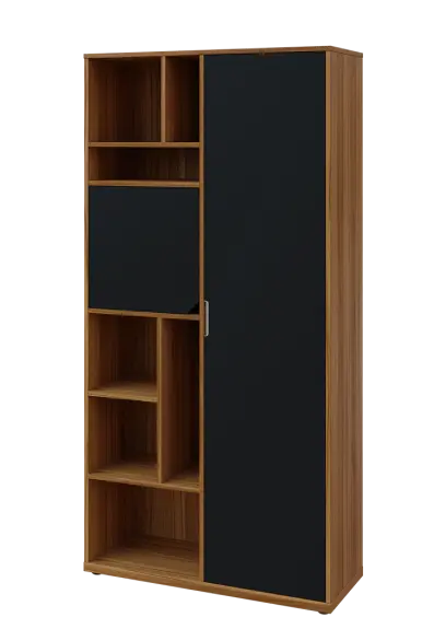 KSR6-83 P skříň šatní, 1x výsuvné ramínko, dvířka, niky, 2053x1022x400 mm, provedení pravé, ořech světlý/černá